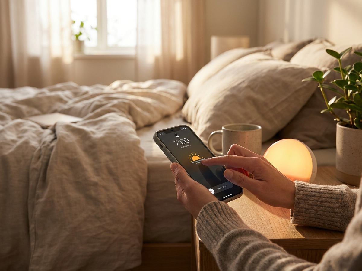 A phone alarm being silenced next to a sunrise alarm clock