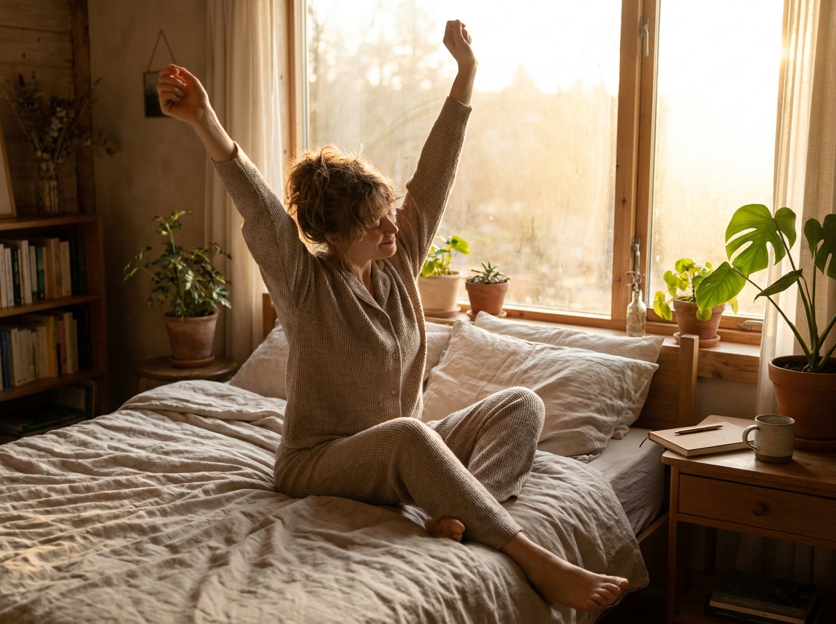 A person stretching comfortably in bed as soft sunrise light fills the room