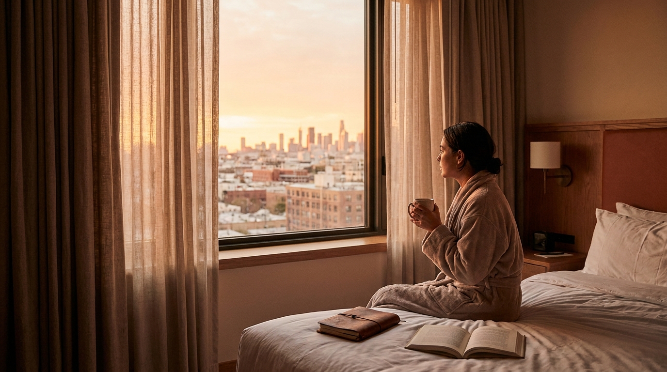 Sunrise through a hotel window
